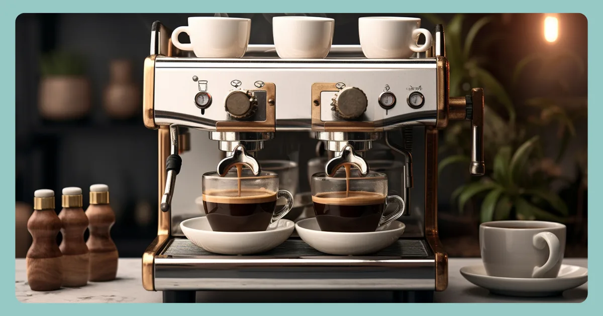 Xícara de café expresso ao lado de uma cafeteira moderna.