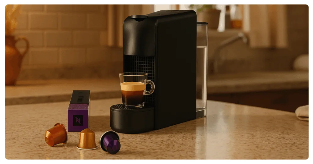 Cafeteiras Nespresso Essenza Mini na bancada perto de algumas cápsulas de café.