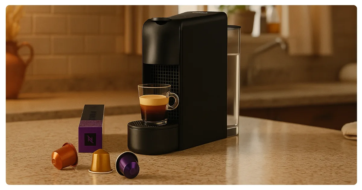 Cafeteiras Nespresso Essenza Mini na bancada perto de algumas cápsulas de café.