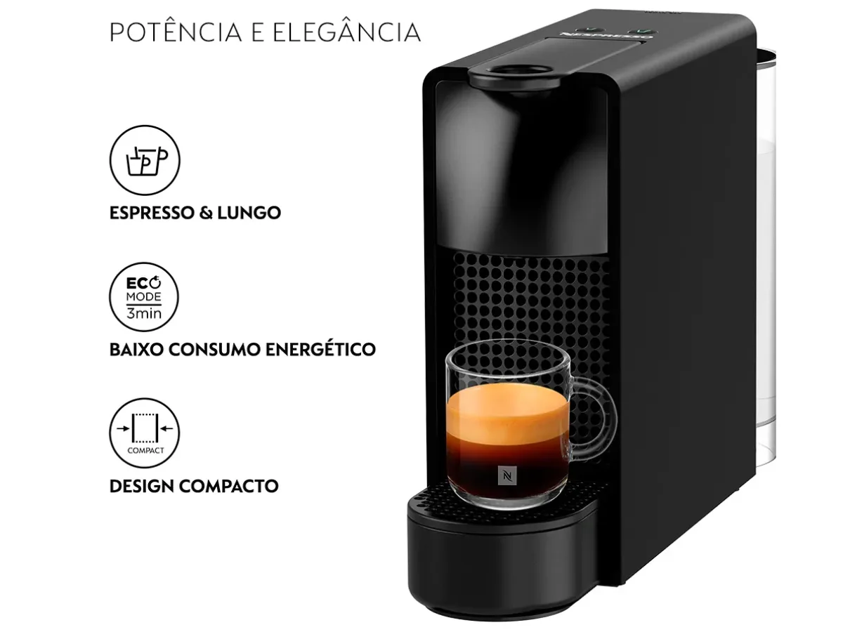 Cafeteira Nespresso Essenza Mini preta, compacta e elegante.