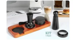 Kit com 7 peças (acessórios) para preparar Café em Casa, em cima da bancada. Distribuidor, Tela, 2 WDT, Funil, Escova e Base.