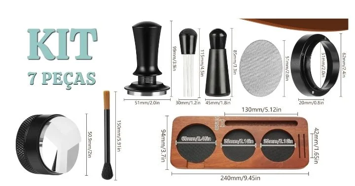 Kit de acessórios para espresso com 7 peças, incluindo suas medidas e dimensões.